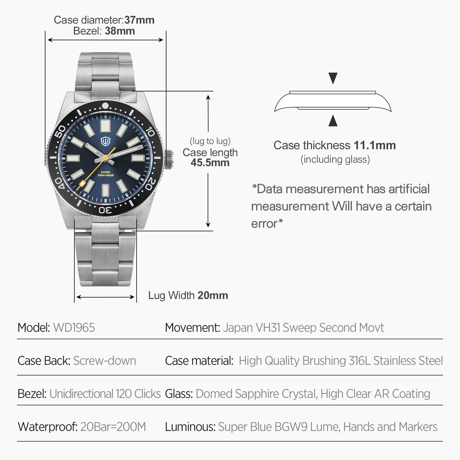Watchdives 37Mm WD1965 V2 Man  - Luxury Watch And Bracelet 评论和价格