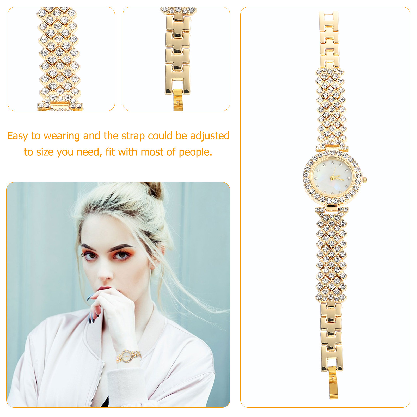Rhinestone Watch Golden Tone Q - Luxury Watch Gift For Her 评论和价格