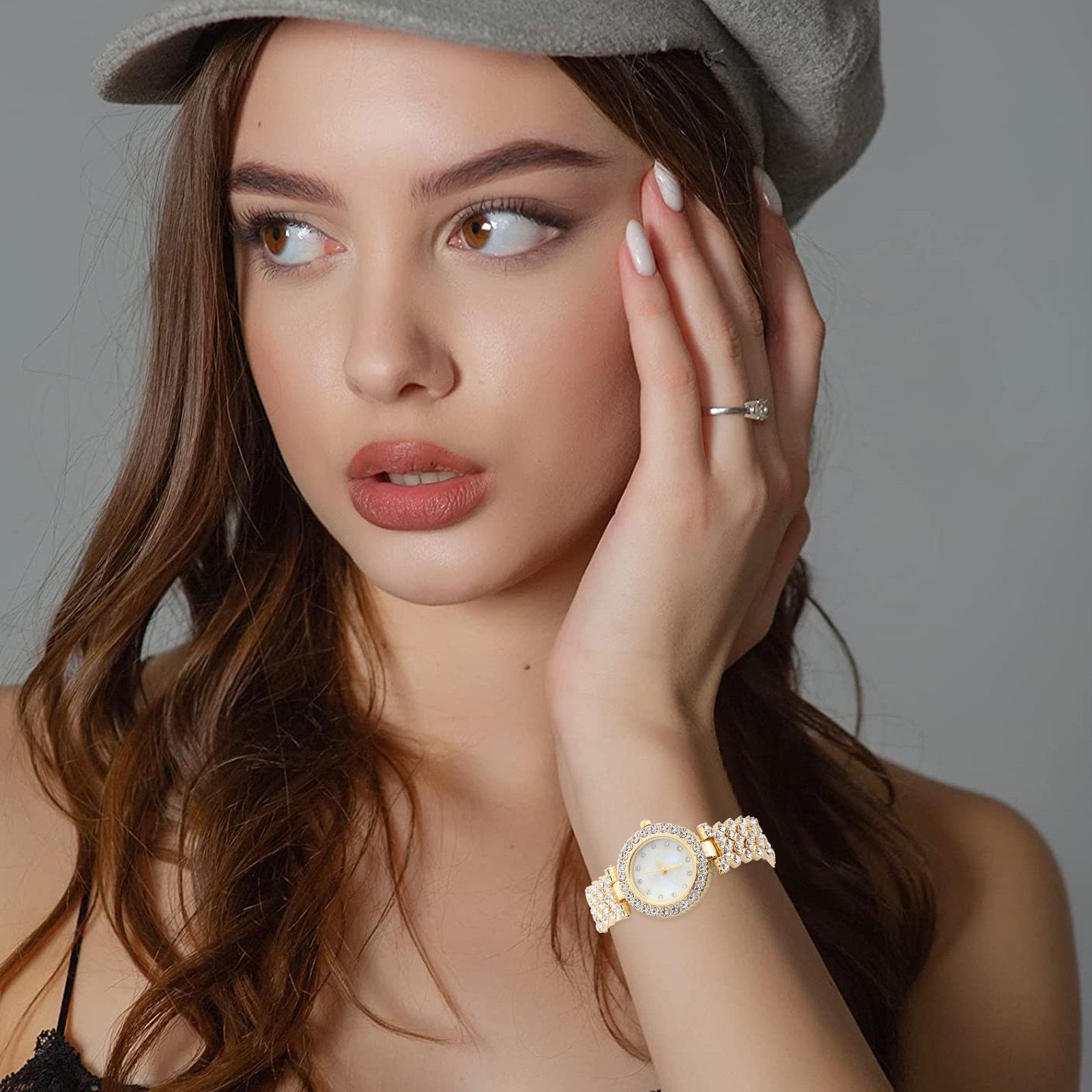 Rhinestone Watch Golden Tone Q - Luxury Watch Gift For Her 评论和价格